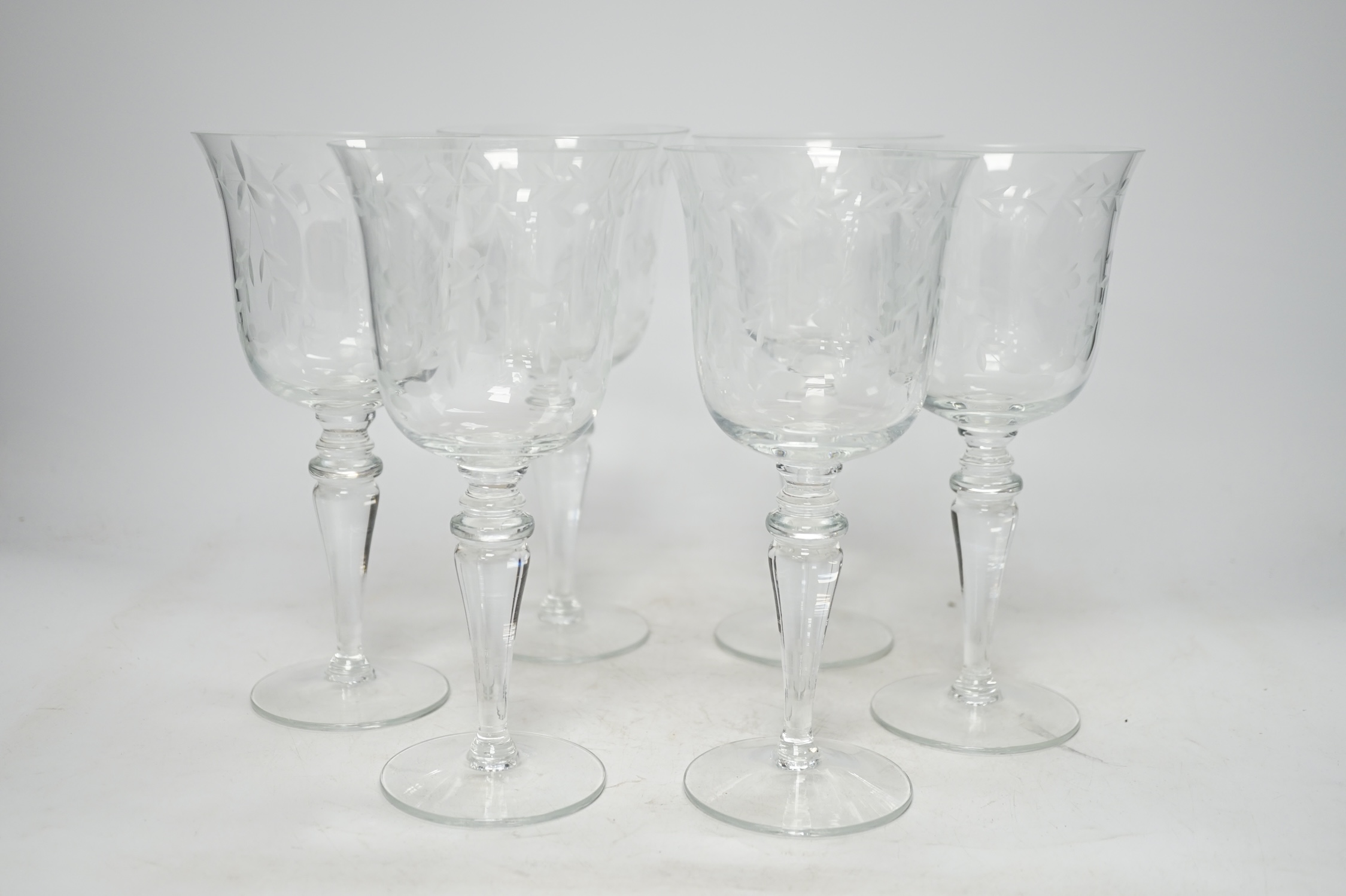 A set of six etched wine glasses, 20.5cm. Condition - good